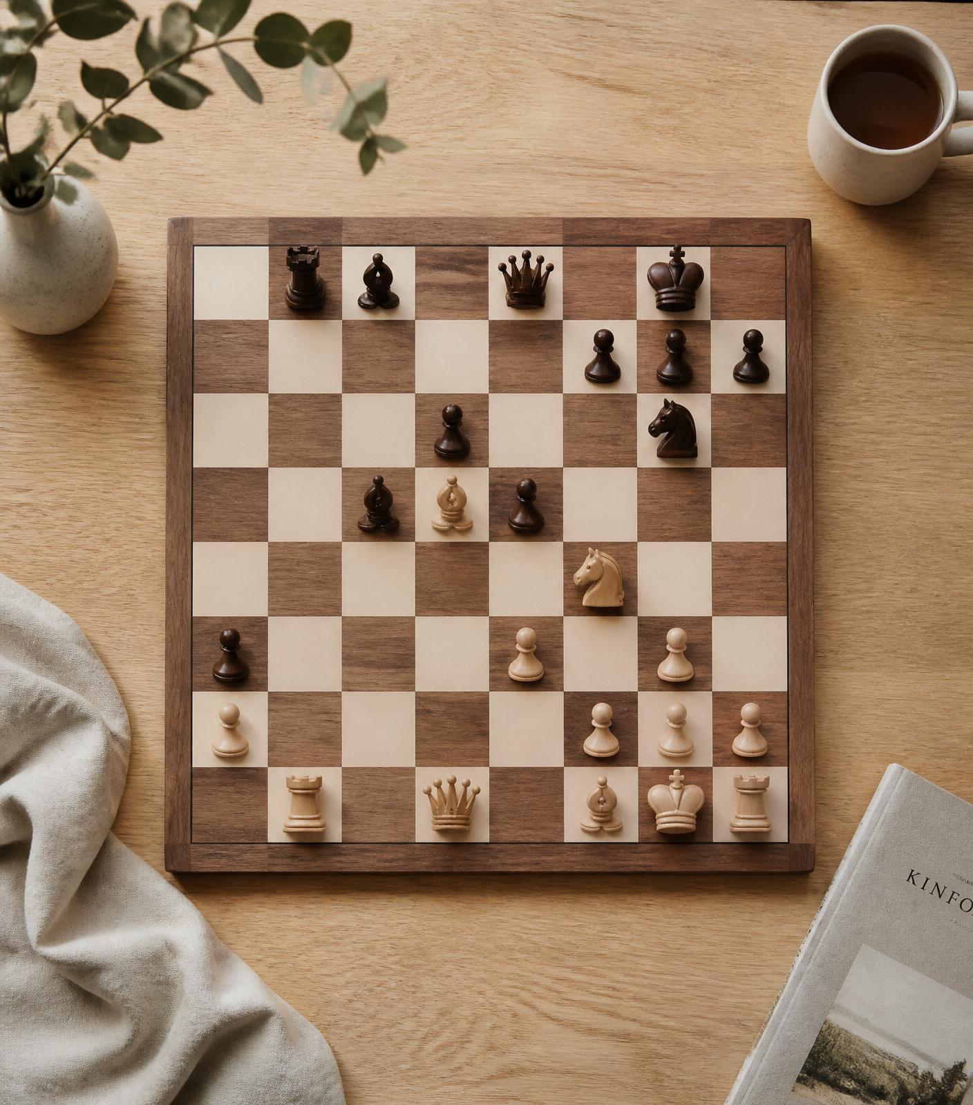 Overhead view of a chess board mid-game