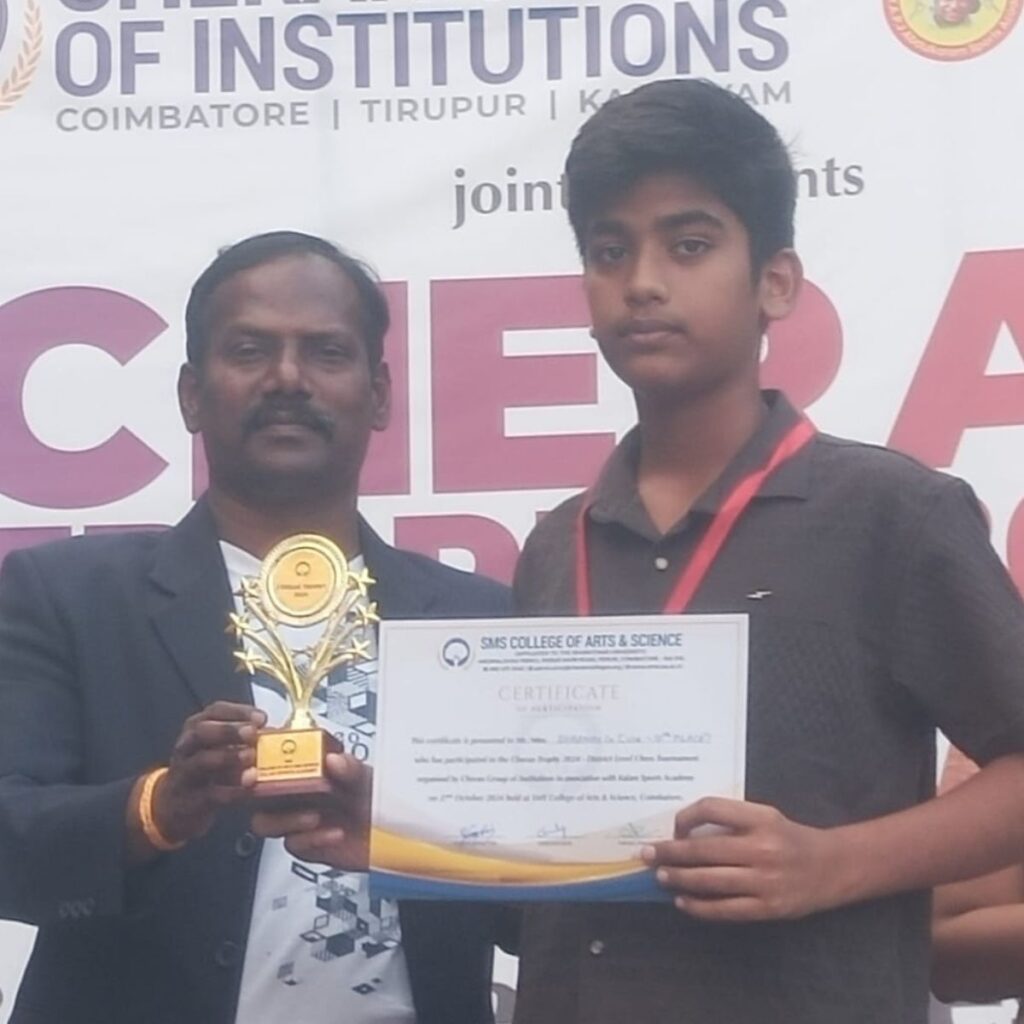 coimbatore chess classes student wins trophy, Coimbatore chess student holding trophy